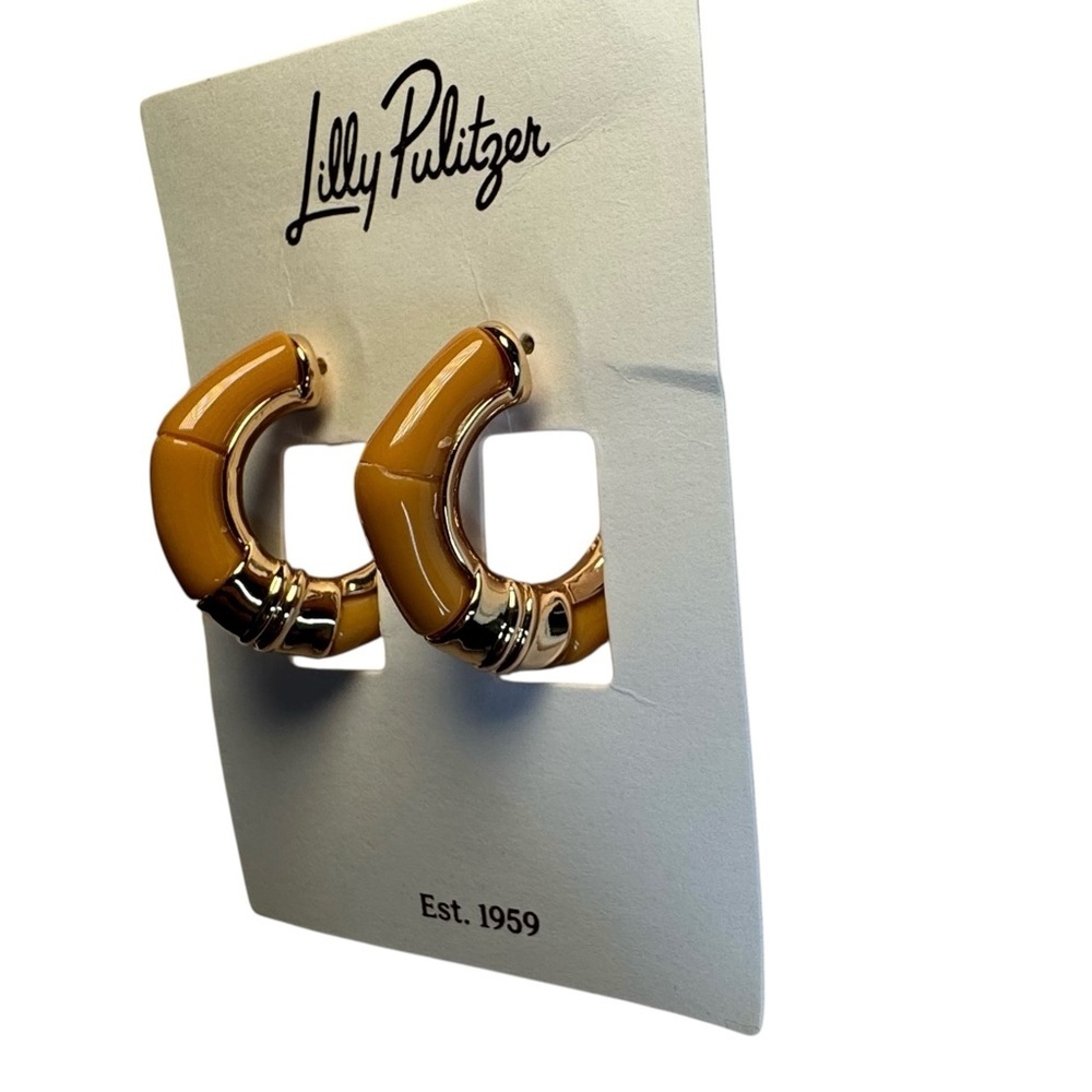 NWT! Lilly Pulitzer Rattan OYSTER BAY HOOP EARRINGS Bamboo Resin Gold Metallic - Picture 4 of 7
